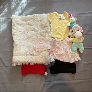 Baby Girl Bundle Of Vintage Items Baby Blanket, 3 Piece Pink Dress, Plushies